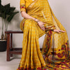 Yellow Printed Polyester Viscose Chanderi Saree with Zari Weaving